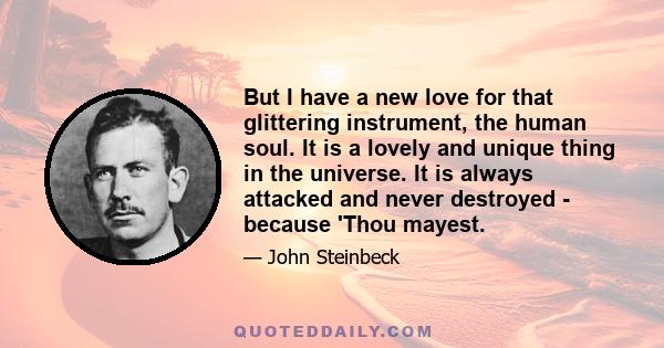 But I have a new love for that glittering instrument, the human soul. It is a lovely and unique thing in the universe. It is always attacked and never destroyed - because 'Thou mayest.