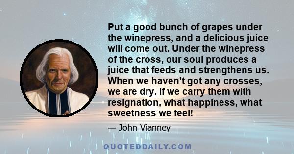 Put a good bunch of grapes under the winepress, and a delicious juice will come out. Under the winepress of the cross, our soul produces a juice that feeds and strengthens us. When we haven't got any crosses, we are