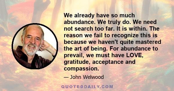 We already have so much abundance. We truly do. We need not search too far. It is within. The reason we fail to recognize this is because we haven't quite mastered the art of being. For abundance to prevail, we must