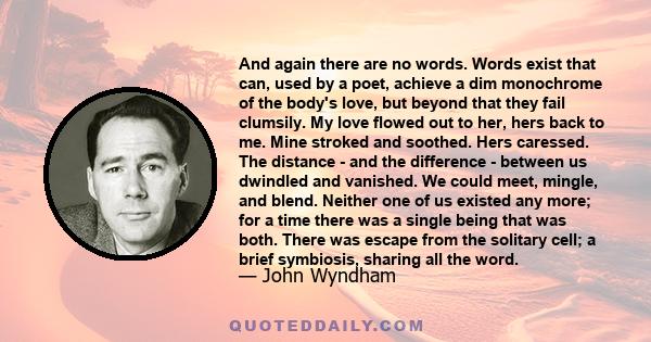 And again there are no words. Words exist that can, used by a poet, achieve a dim monochrome of the body's love, but beyond that they fail clumsily. My love flowed out to her, hers back to me. Mine stroked and soothed.