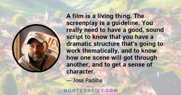 A film is a living thing. The screenplay is a guideline. You really need to have a good, sound script to know that you have a dramatic structure that's going to work thematically, and to know how one scene will got