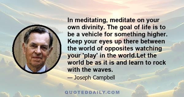 In meditating, meditate on your own divinity. The goal of life is to be a vehicle for something higher. Keep your eyes up there between the world of opposites watching your 'play' in the world.Let the world be as it is