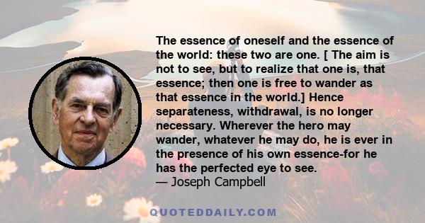 The essence of oneself and the essence of the world: these two are one. [ The aim is not to see, but to realize that one is, that essence; then one is free to wander as that essence in the world.] Hence separateness,