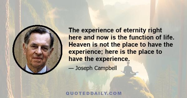 The experience of eternity right here and now is the function of life. Heaven is not the place to have the experience; here is the place to have the experience.