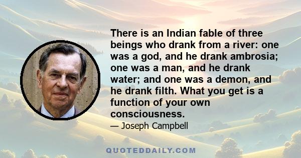 There is an Indian fable of three beings who drank from a river: one was a god, and he drank ambrosia; one was a man, and he drank water; and one was a demon, and he drank filth. What you get is a function of your own