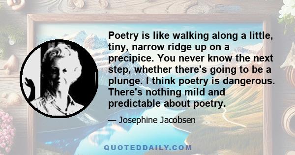 Poetry is like walking along a little, tiny, narrow ridge up on a precipice. You never know the next step, whether there's going to be a plunge. I think poetry is dangerous. There's nothing mild and predictable about