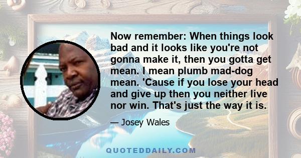 Now remember: When things look bad and it looks like you're not gonna make it, then you gotta get mean. I mean plumb mad-dog mean. 'Cause if you lose your head and give up then you neither live nor win. That's just the
