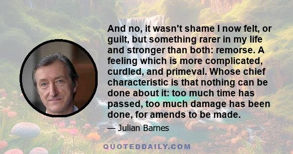 And no, it wasn't shame I now felt, or guilt, but something rarer in my life and stronger than both: remorse. A feeling which is more complicated, curdled, and primeval. Whose chief characteristic is that nothing can be 