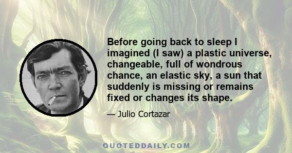 Before going back to sleep I imagined (I saw) a plastic universe, changeable, full of wondrous chance, an elastic sky, a sun that suddenly is missing or remains fixed or changes its shape.