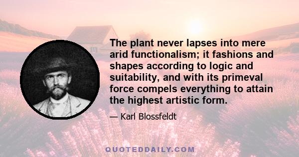 The plant never lapses into mere arid functionalism; it fashions and shapes according to logic and suitability, and with its primeval force compels everything to attain the highest artistic form.