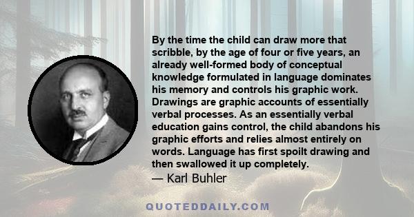 By the time the child can draw more that scribble, by the age of four or five years, an already well-formed body of conceptual knowledge formulated in language dominates his memory and controls his graphic work.