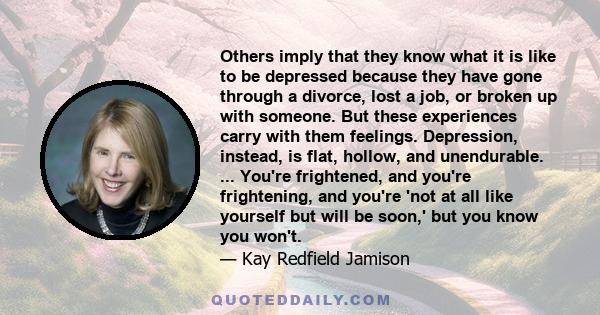 Others imply that they know what it is like to be depressed because they have gone through a divorce, lost a job, or broken up with someone. But these experiences carry with them feelings. Depression, instead, is flat,