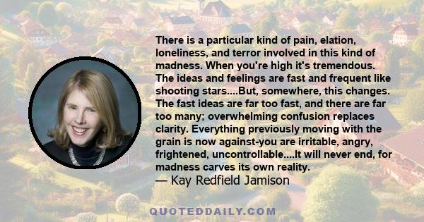 There is a particular kind of pain, elation, loneliness, and terror involved in this kind of madness. When you're high it's tremendous. The ideas and feelings are fast and frequent like shooting stars....But, somewhere, 