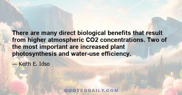 There are many direct biological benefits that result from higher atmospheric CO2 concentrations. Two of the most important are increased plant photosynthesis and water-use efficiency.