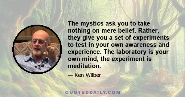 The mystics ask you to take nothing on mere belief. Rather, they give you a set of experiments to test in your own awareness and experience. The laboratory is your own mind, the experiment is meditation.