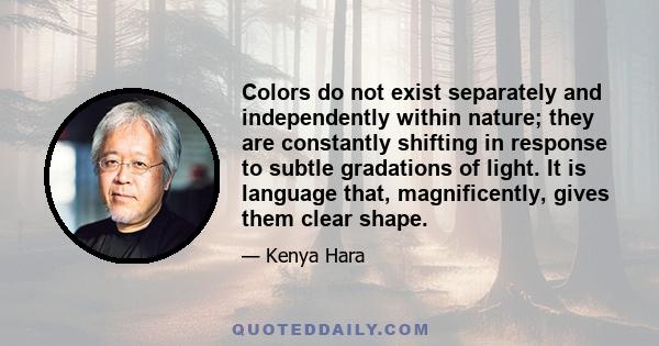 Colors do not exist separately and independently within nature; they are constantly shifting in response to subtle gradations of light. It is language that, magnificently, gives them clear shape.