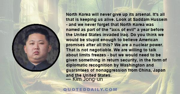 North Korea will never give up its arsenal. It's all that is keeping us alive. Look at Saddam Hussein - and we never forget that North Korea was named as part of the axis of evil a year before the United States invaded