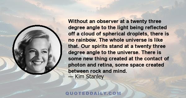 Without an observer at a twenty three degree angle to the light being reflected off a cloud of spherical droplets, there is no rainbow. The whole universe is like that. Our spirits stand at a twenty three degree angle