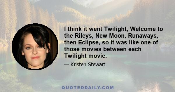 I think it went Twilight, Welcome to the Rileys, New Moon, Runaways, then Eclipse, so it was like one of those movies between each Twilight movie.