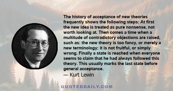 The history of acceptance of new theories frequently shows the following steps: At first the new idea is treated as pure nonsense, not worth looking at. Then comes a time when a multitude of contradictory objections are 