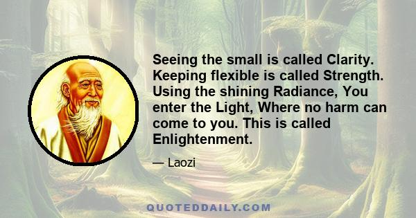 Seeing the small is called Clarity. Keeping flexible is called Strength. Using the shining Radiance, You enter the Light, Where no harm can come to you. This is called Enlightenment.