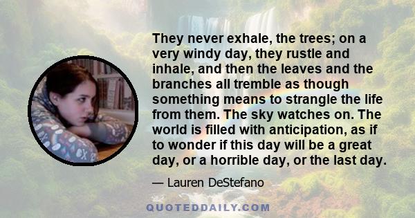 They never exhale, the trees; on a very windy day, they rustle and inhale, and then the leaves and the branches all tremble as though something means to strangle the life from them. The sky watches on. The world is