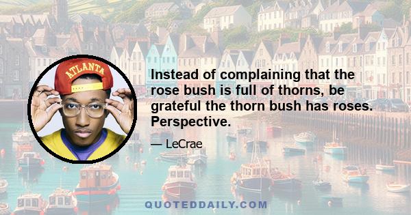 Instead of complaining that the rose bush is full of thorns, be grateful the thorn bush has roses. Perspective.