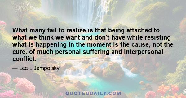 What many fail to realize is that being attached to what we think we want and don't have while resisting what is happening in the moment is the cause, not the cure, of much personal suffering and interpersonal conflict.