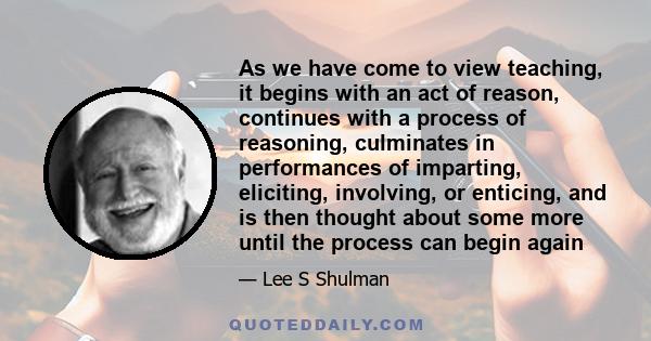 As we have come to view teaching, it begins with an act of reason, continues with a process of reasoning, culminates in performances of imparting, eliciting, involving, or enticing, and is then thought about some more