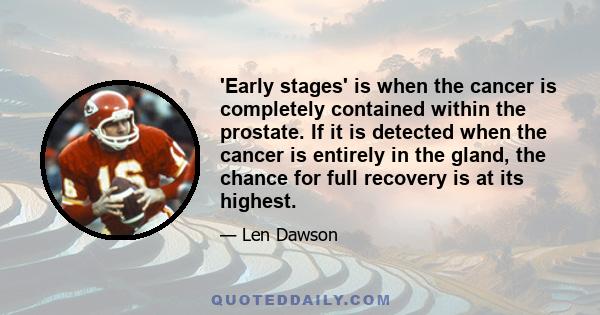 'Early stages' is when the cancer is completely contained within the prostate. If it is detected when the cancer is entirely in the gland, the chance for full recovery is at its highest.