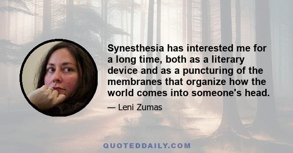 Synesthesia has interested me for a long time, both as a literary device and as a puncturing of the membranes that organize how the world comes into someone's head.