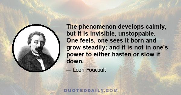 The phenomenon develops calmly, but it is invisible, unstoppable. One feels, one sees it born and grow steadily; and it is not in one's power to either hasten or slow it down.