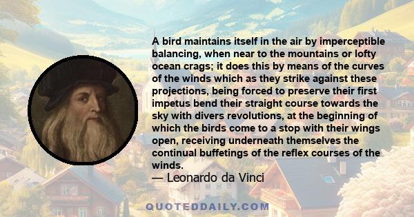 A bird maintains itself in the air by imperceptible balancing, when near to the mountains or lofty ocean crags; it does this by means of the curves of the winds which as they strike against these projections, being