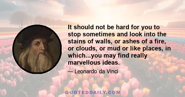 It should not be hard for you to stop sometimes and look into the stains of walls, or ashes of a fire, or clouds, or mud or like places, in which...you may find really marvellous ideas.