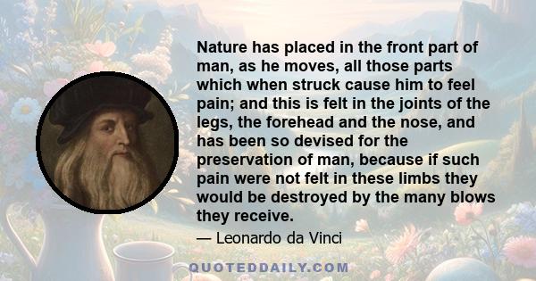 Nature has placed in the front part of man, as he moves, all those parts which when struck cause him to feel pain; and this is felt in the joints of the legs, the forehead and the nose, and has been so devised for the