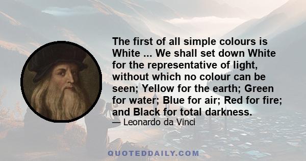 The first of all simple colours is White ... We shall set down White for the representative of light, without which no colour can be seen; Yellow for the earth; Green for water; Blue for air; Red for fire; and Black for 