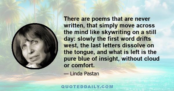 There are poems that are never written, that simply move across the mind like skywriting on a still day: slowly the first word drifts west, the last letters dissolve on the tongue, and what is left is the pure blue of