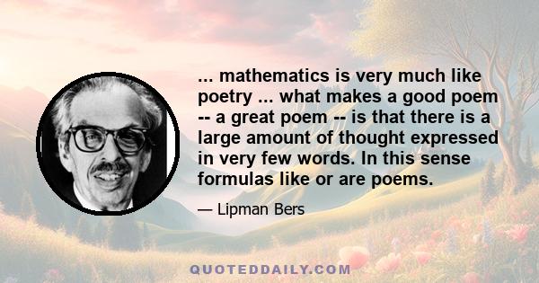 ... mathematics is very much like poetry ... what makes a good poem -- a great poem -- is that there is a large amount of thought expressed in very few words. In this sense formulas like or are poems.