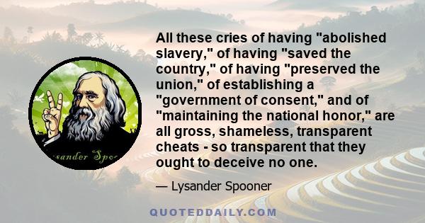 All these cries of having abolished slavery, of having saved the country, of having preserved the union, of establishing a government of consent, and of maintaining the national honor, are all gross, shameless,