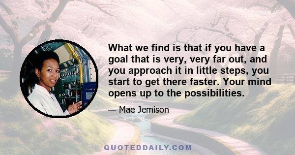 What we find is that if you have a goal that is very, very far out, and you approach it in little steps, you start to get there faster. Your mind opens up to the possibilities.