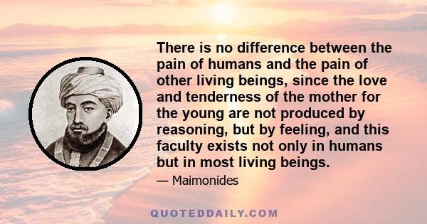 There is no difference between the pain of humans and the pain of other living beings, since the love and tenderness of the mother for the young are not produced by reasoning, but by feeling, and this faculty exists not 