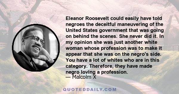 Eleanor Roosevelt could easily have told negroes the deceitful maneuvering of the United States government that was going on behind the scenes. She never did it. In my opinion she was just another white woman whose