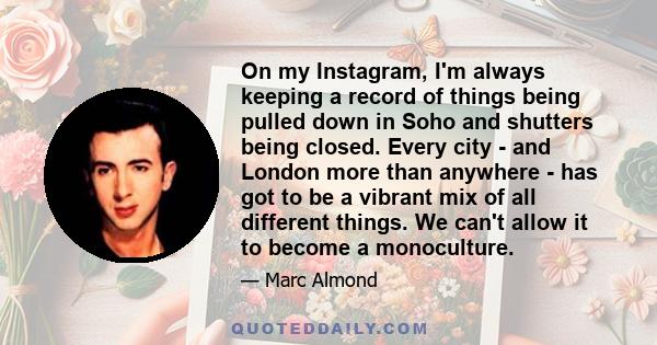 On my Instagram, I'm always keeping a record of things being pulled down in Soho and shutters being closed. Every city - and London more than anywhere - has got to be a vibrant mix of all different things. We can't