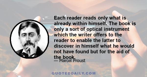 Each reader reads only what is already within himself. The book is only a sort of optical instrument which the writer offers to the reader to enable the latter to discover in himself what he would not have found but for 