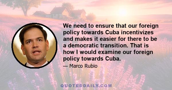 We need to ensure that our foreign policy towards Cuba incentivizes and makes it easier for there to be a democratic transition. That is how I would examine our foreign policy towards Cuba.