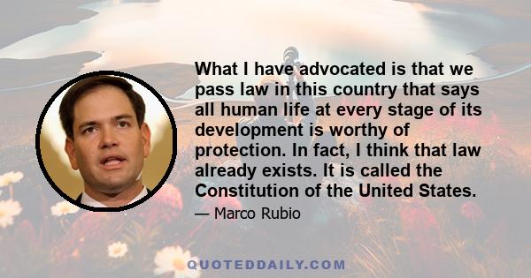 What I have advocated is that we pass law in this country that says all human life at every stage of its development is worthy of protection. In fact, I think that law already exists. It is called the Constitution of