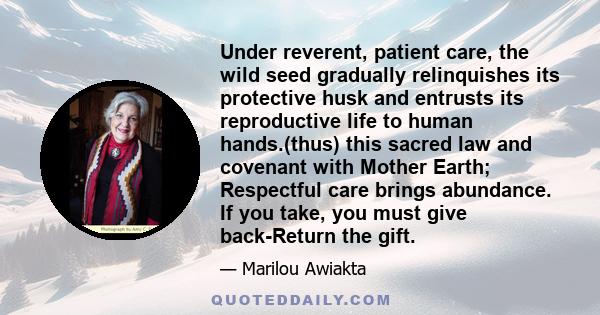 Under reverent, patient care, the wild seed gradually relinquishes its protective husk and entrusts its reproductive life to human hands.(thus) this sacred law and covenant with Mother Earth; Respectful care brings