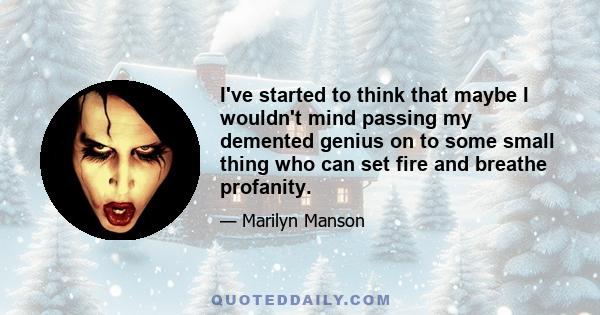 I've started to think that maybe I wouldn't mind passing my demented genius on to some small thing who can set fire and breathe profanity.