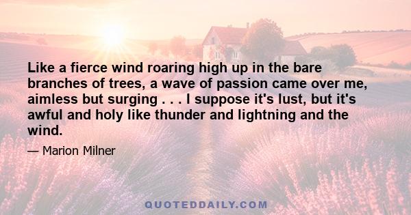 Like a fierce wind roaring high up in the bare branches of trees, a wave of passion came over me, aimless but surging . . . I suppose it's lust, but it's awful and holy like thunder and lightning and the wind.