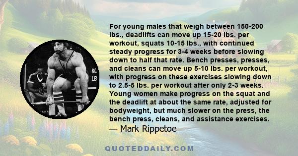 For young males that weigh between 150-200 lbs., deadlifts can move up 15-20 lbs. per workout, squats 10-15 lbs., with continued steady progress for 3-4 weeks before slowing down to half that rate. Bench presses,